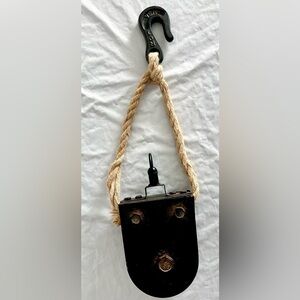 Vintage Industrial Metal Pulley with Rope & Hook – 23” Long – Rustic Farm Decor